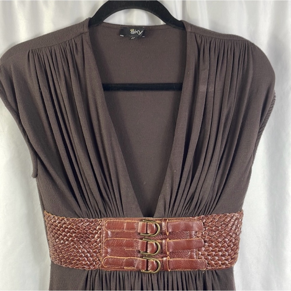 Sky Top Brown Deep V Neck Cap Sleeve With Brown Braided Belt RHOC Size Medium